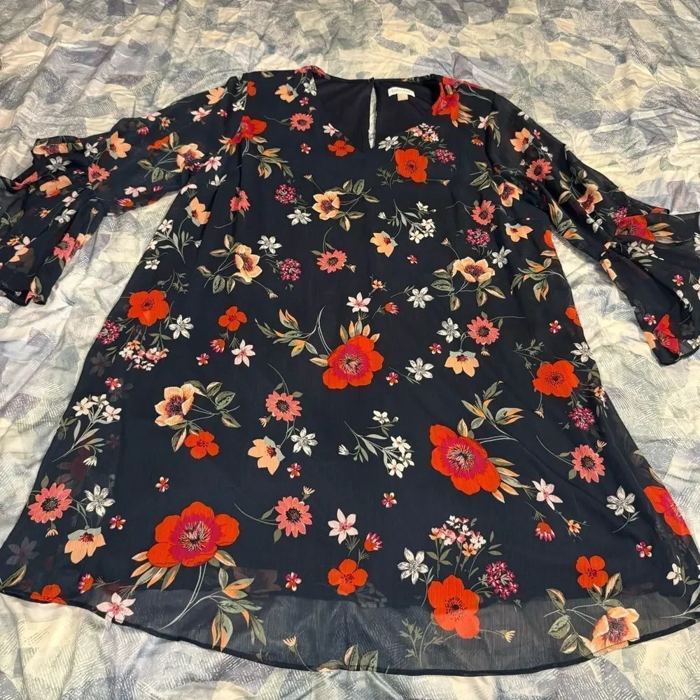 Calvin Klein Plus Size Navy Chiffon 3/4 Sleeve Shift Floral Dress Sz 16W NWOT
